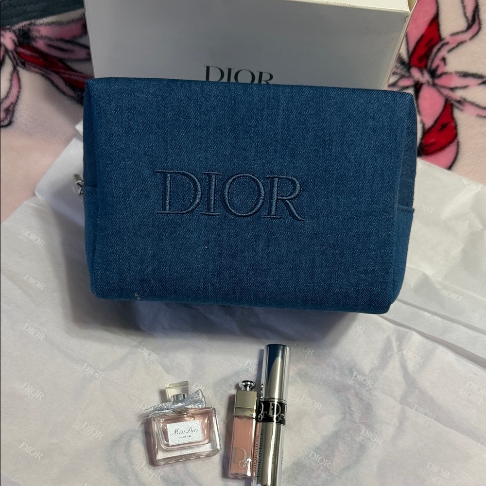 Dior Blue Embroidered Denim makeup bag